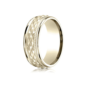 8mm High Polish Cross Hatch Center Carved Wedding Band, in 14K Yellow Gold | RockHer