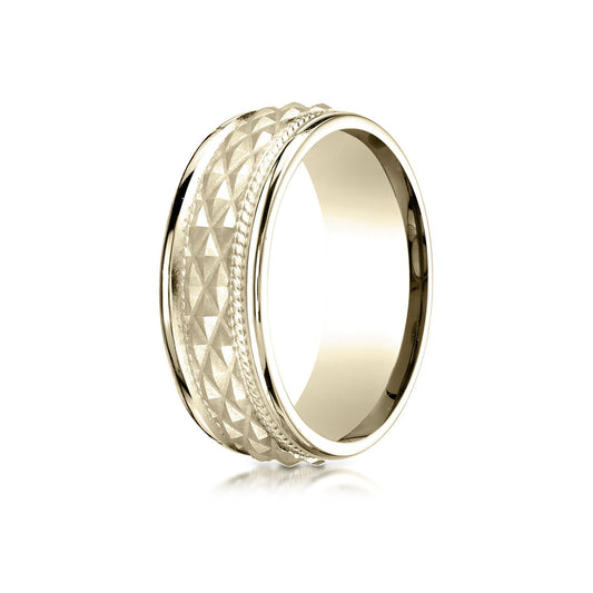 14k Yellow Gold 8mm Comfort Fit Round Edge Cross Hatch Patterned Band