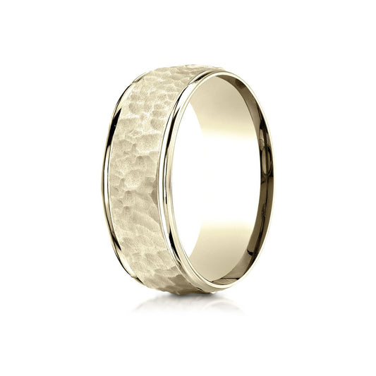 18k Yellow Gold Comfort Fit 8mm High Polish Edge Hammered Center Design Band