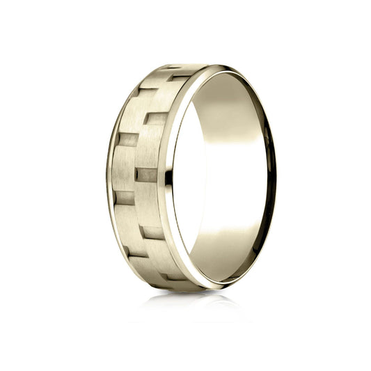 14 Karat Yellow Gold 8mm Comfort-fit Drop Bevel Sandblasted Satin Finish Chain Link Design Band