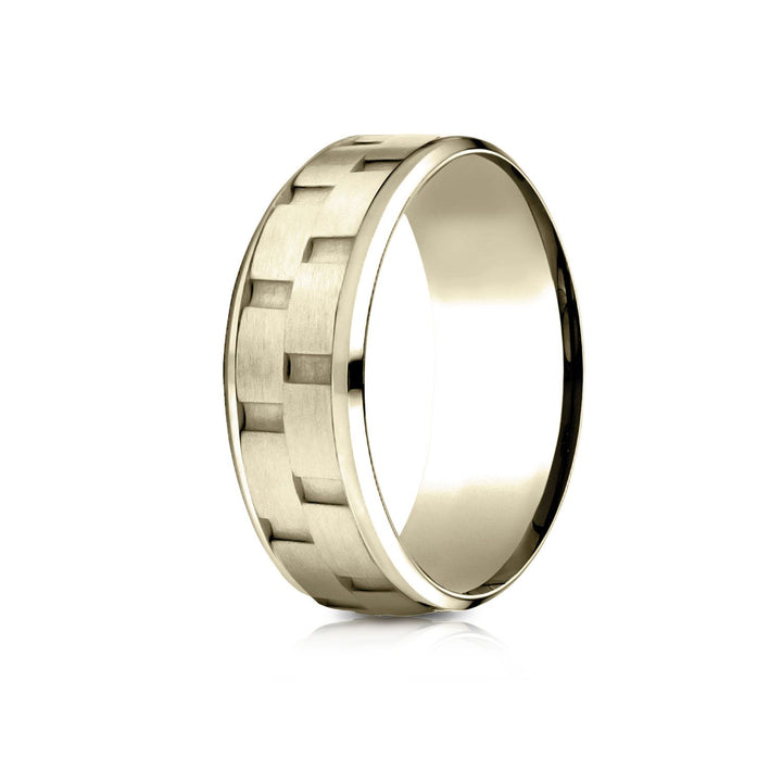 8mm Satin Finish Carved Wedding Band, in 14K Yellow Gold | RockHer