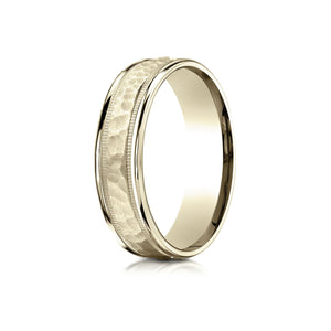6mm Hammered Center High Polish Round Edge Carved Wedding Band, in 14K Yellow Gold | RockHer
