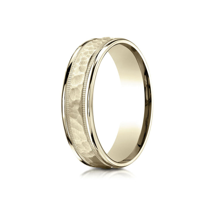 6mm Hammered Center High Polish Round Edge Carved Wedding Band, in 18K Yellow Gold | RockHer