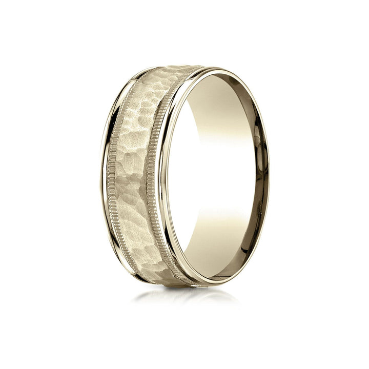8mm Hammered Center High Polish Round Edge Carved Wedding Band, in 18K Yellow Gold | RockHer