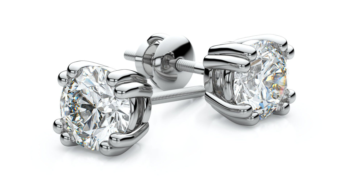18k White Gold Double Prong Round Diamond Stud Earrings 0.90ctw (5.2mm Ea), H Color, Si3-i1 Clarity