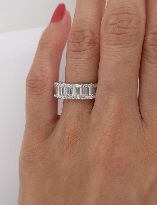 Custom Made GIA Certified Eternity Diamond Band in Platinum with 17 Emerald cut Diamonds 10.2 Carat Total Weight, G-H Color, VS Clarity, Size 6.50