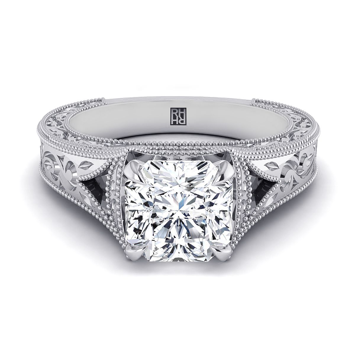 18K White Gold Asscher Cut  Hand Engraved and Milgrain Vintage Solitaire Engagement Ring