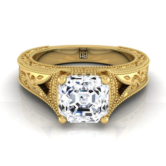 14K Yellow Gold Asscher Cut  Hand Engraved and Milgrain Vintage Solitaire Engagement Ring