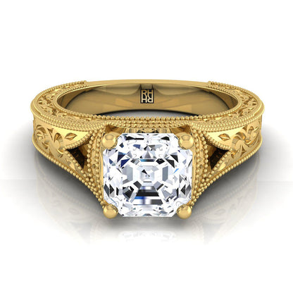 18K Yellow Gold Asscher Cut  Hand Engraved and Milgrain Vintage Solitaire Engagement Ring