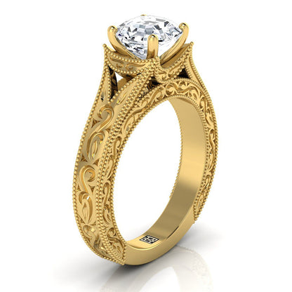 18K Yellow Gold Asscher Cut  Hand Engraved and Milgrain Vintage Solitaire Engagement Ring
