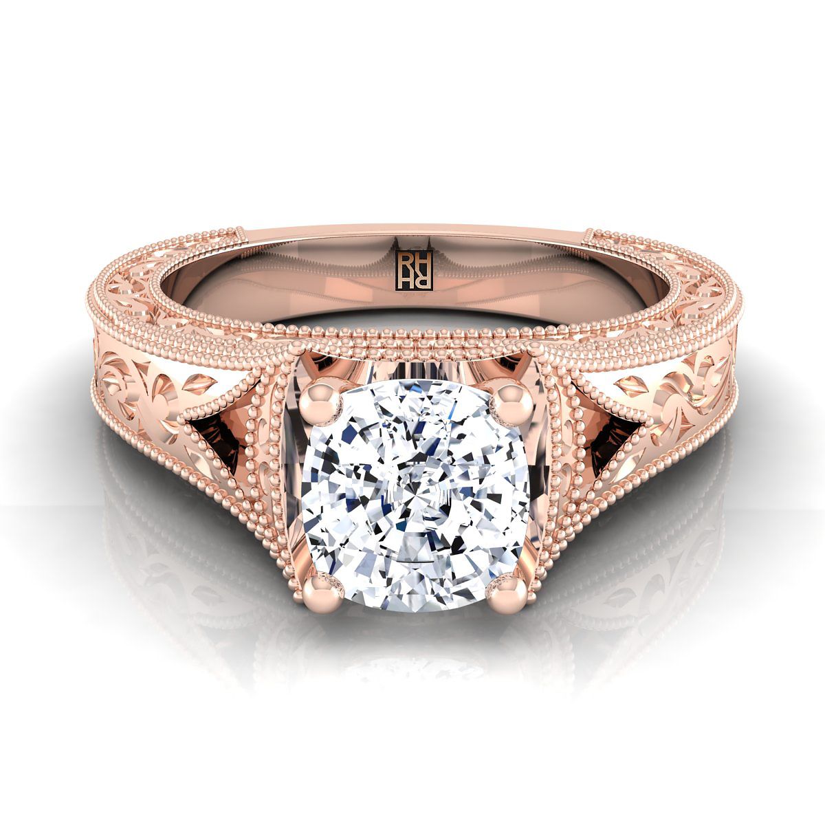 14K Rose Gold Cushion  Hand Engraved and Milgrain Vintage Solitaire Engagement Ring