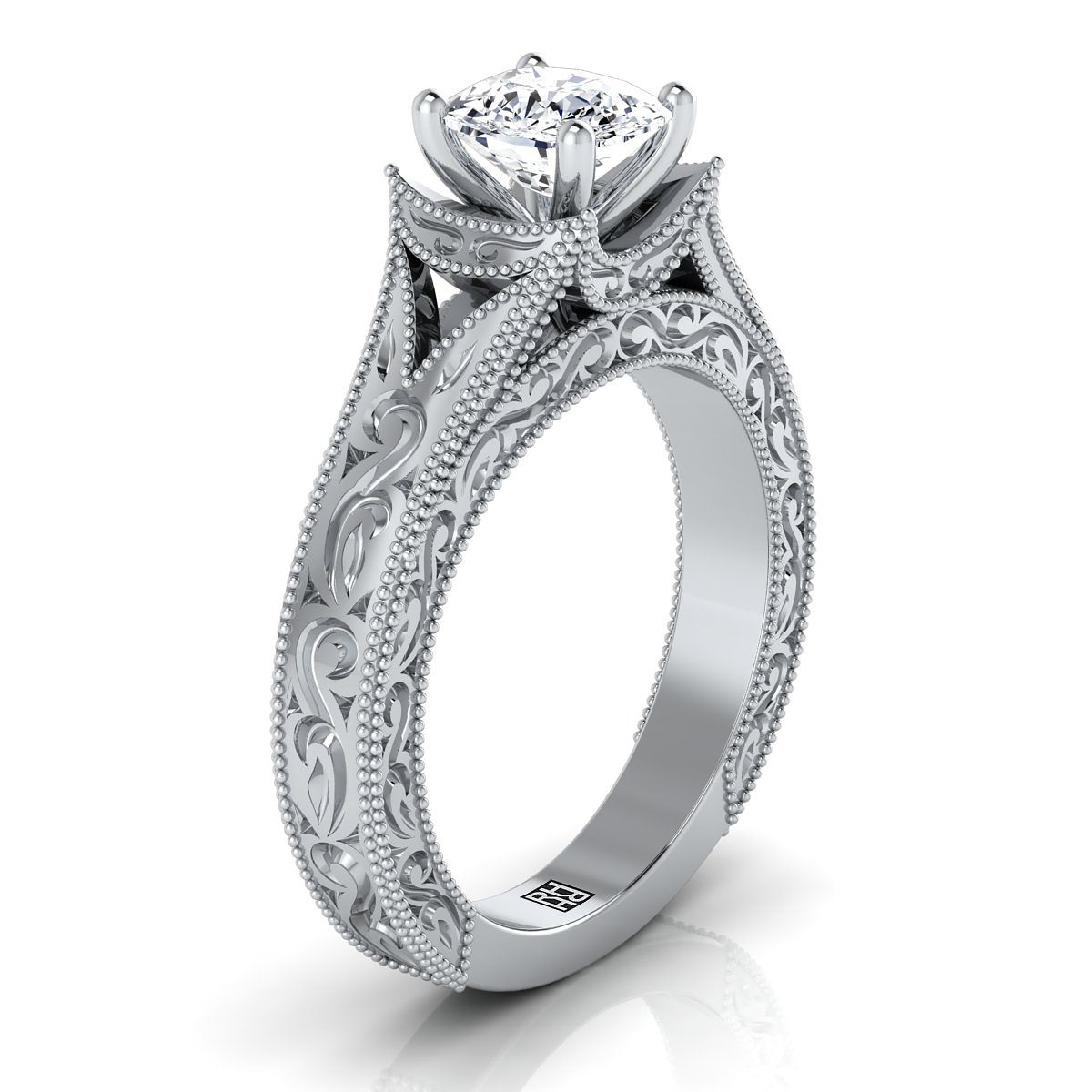 Platinum Cushion  Hand Engraved and Milgrain Vintage Solitaire Engagement Ring