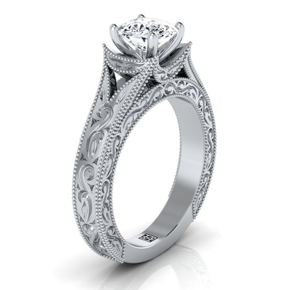 18K White Gold Cushion  Hand Engraved and Milgrain Vintage Solitaire Engagement Ring
