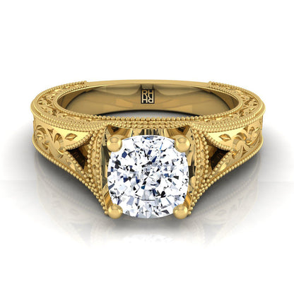 14K Yellow Gold Cushion  Hand Engraved and Milgrain Vintage Solitaire Engagement Ring