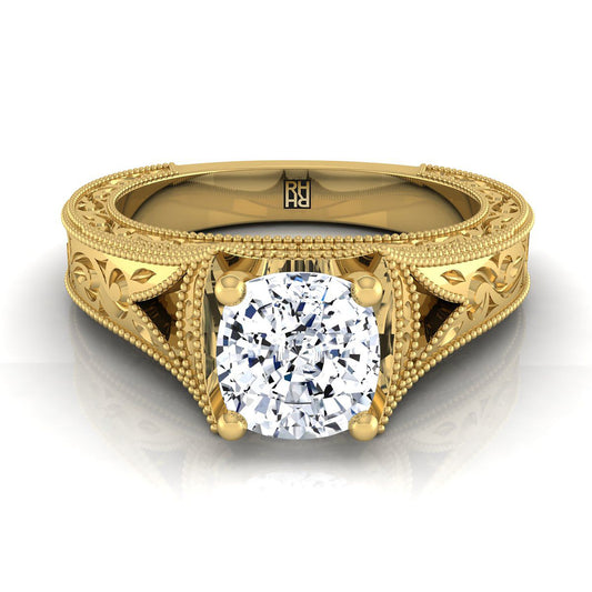 18K Yellow Gold Cushion  Hand Engraved and Milgrain Vintage Solitaire Engagement Ring