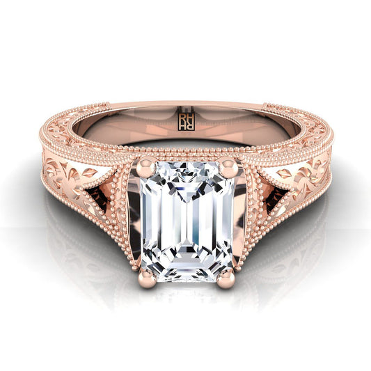 14K Rose Gold Emerald Cut  Hand Engraved and Milgrain Vintage Solitaire Engagement Ring