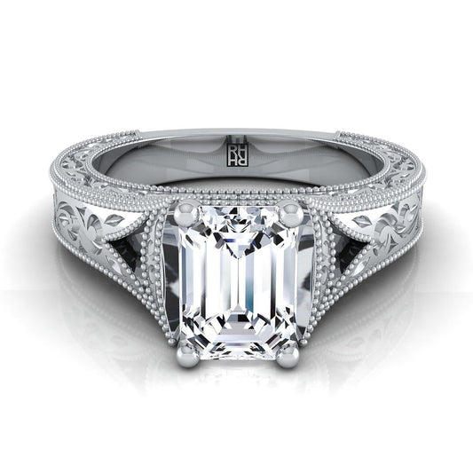 14K White Gold Emerald Cut  Hand Engraved and Milgrain Vintage Solitaire Engagement Ring
