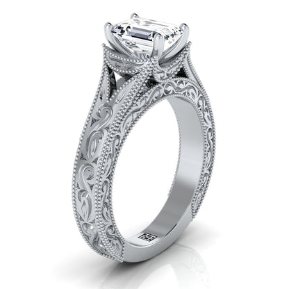 18K White Gold Emerald Cut  Hand Engraved and Milgrain Vintage Solitaire Engagement Ring