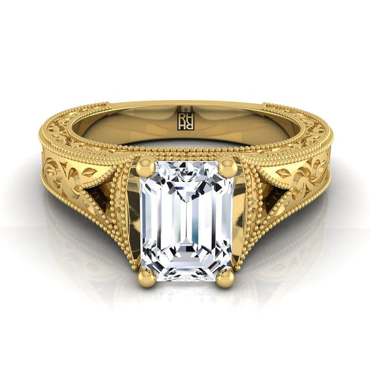 18K Yellow Gold Emerald Cut  Hand Engraved and Milgrain Vintage Solitaire Engagement Ring