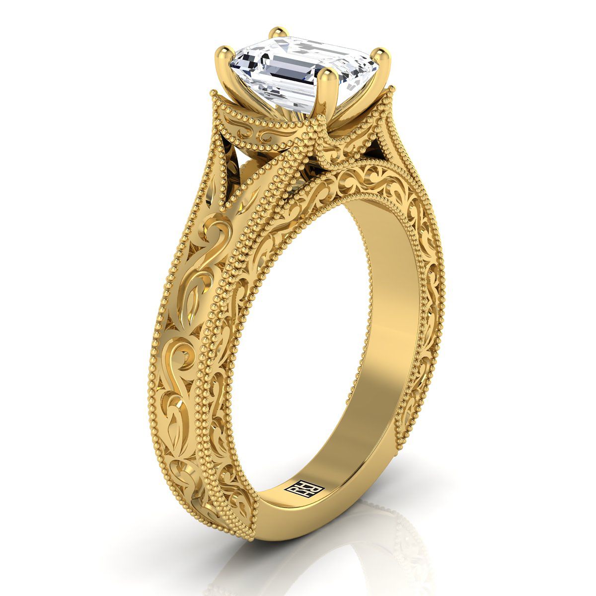 14K Yellow Gold Emerald Cut  Hand Engraved and Milgrain Vintage Solitaire Engagement Ring