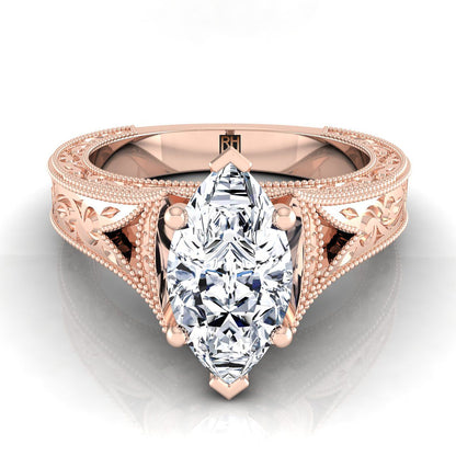 14K Rose Gold Marquise   Hand Engraved and Milgrain Vintage Solitaire Engagement Ring