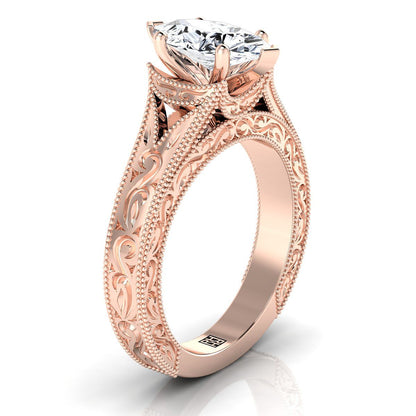 14K Rose Gold Marquise   Hand Engraved and Milgrain Vintage Solitaire Engagement Ring