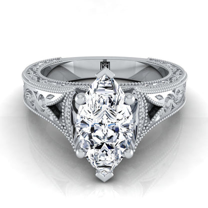 14K White Gold Marquise   Hand Engraved and Milgrain Vintage Solitaire Engagement Ring