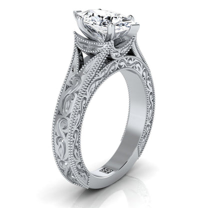 14K White Gold Marquise   Hand Engraved and Milgrain Vintage Solitaire Engagement Ring