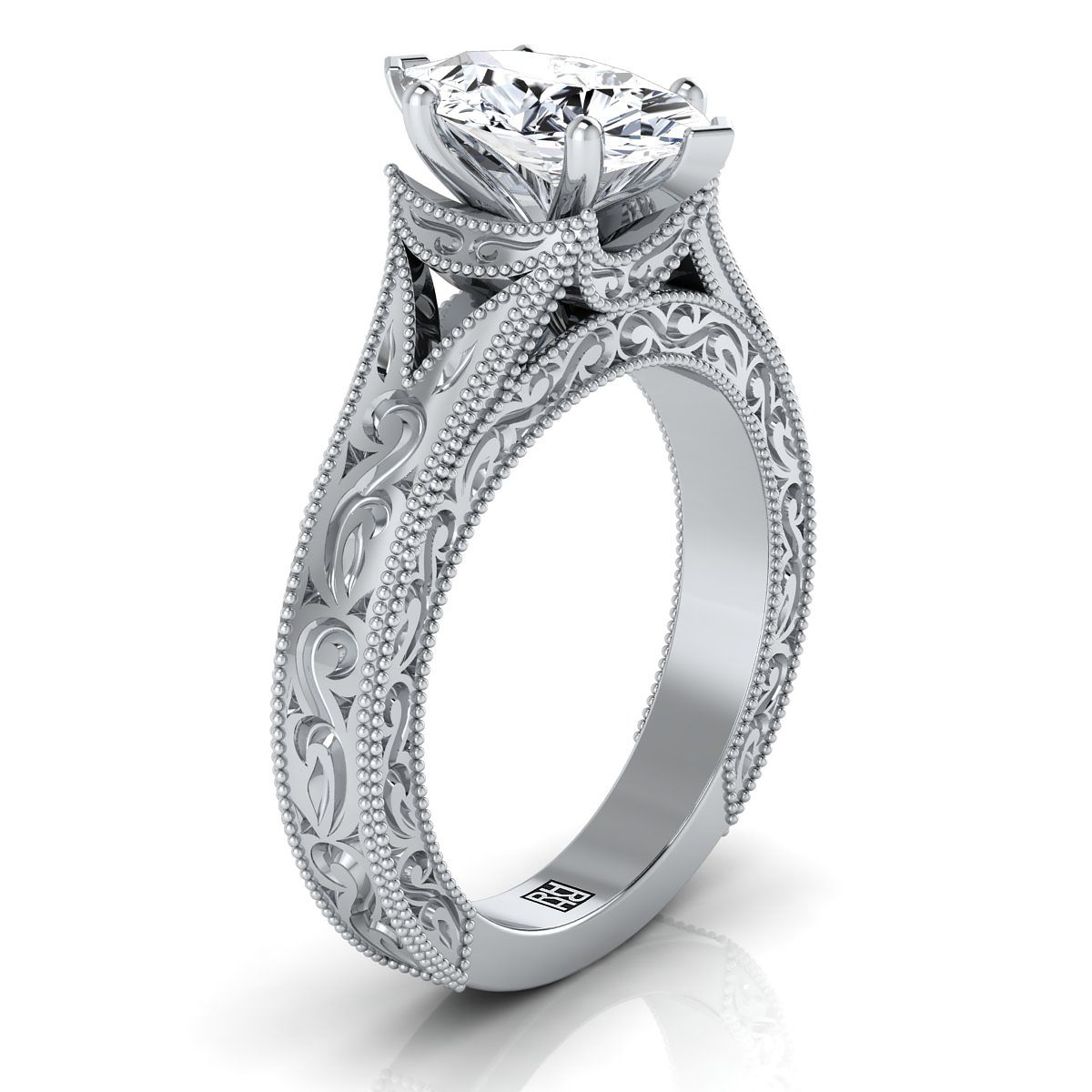 18K White Gold Marquise   Hand Engraved and Milgrain Vintage Solitaire Engagement Ring
