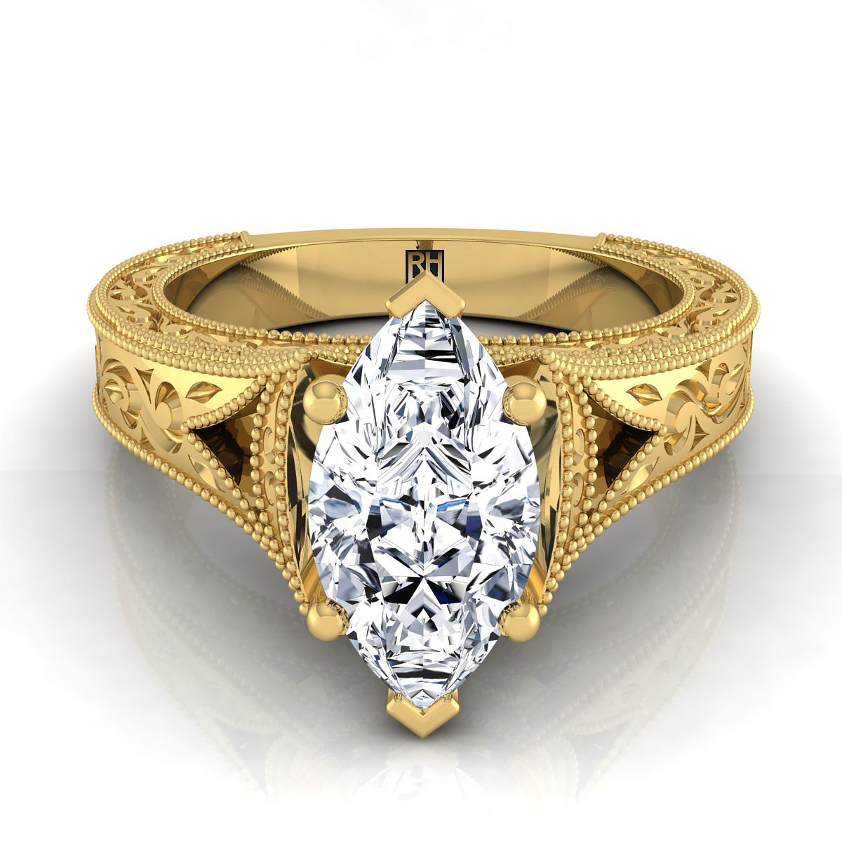 18K Yellow Gold Marquise   Hand Engraved and Milgrain Vintage Solitaire Engagement Ring