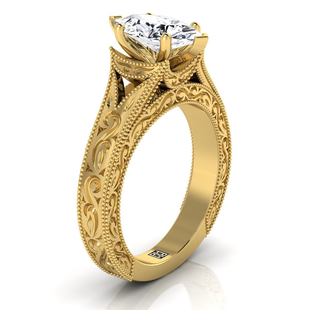 14K Yellow Gold Marquise   Hand Engraved and Milgrain Vintage Solitaire Engagement Ring