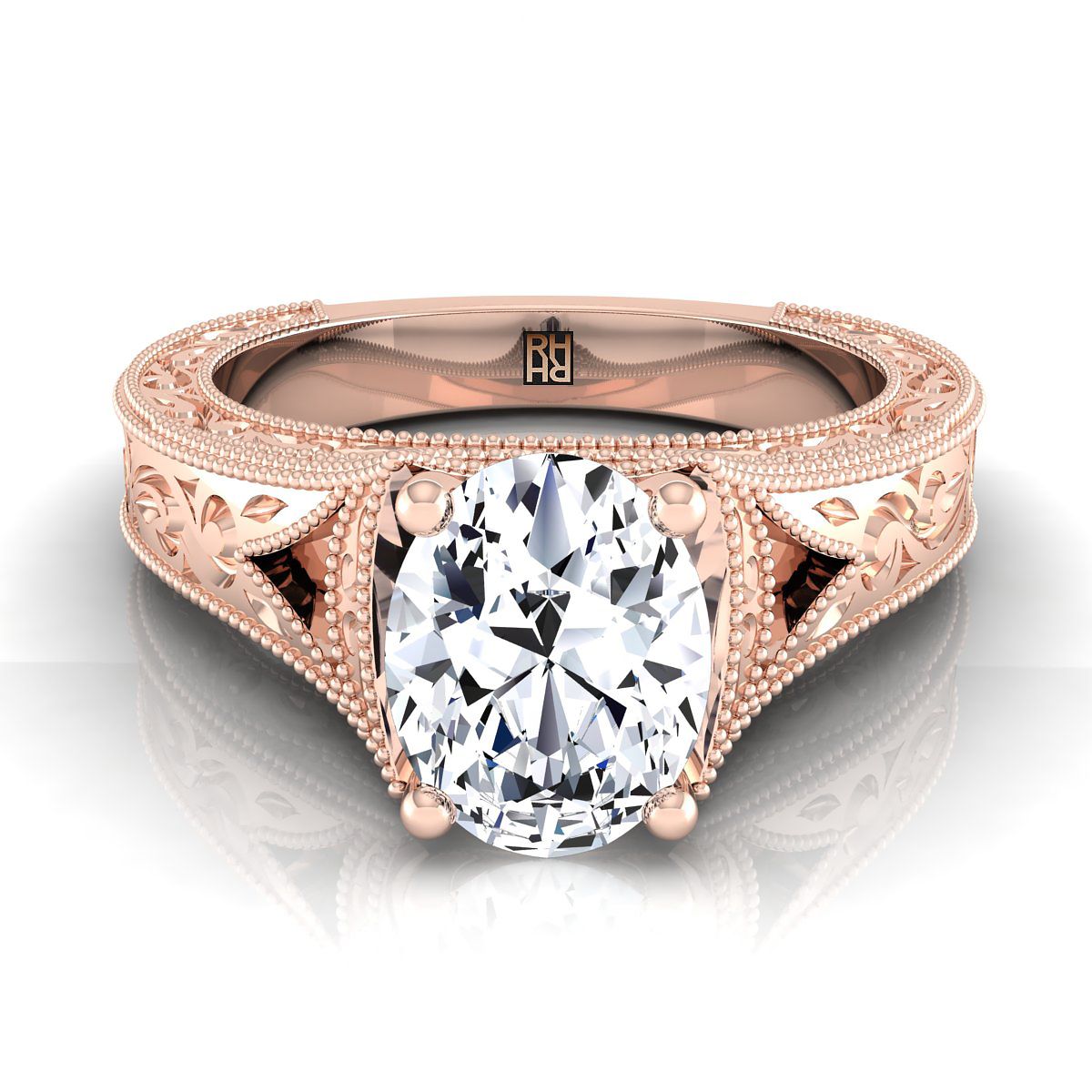 14K Rose Gold Oval  Hand Engraved and Milgrain Vintage Solitaire Engagement Ring