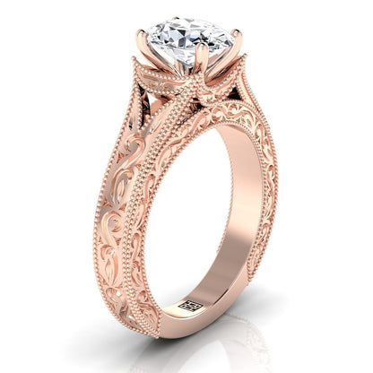 14K Rose Gold Oval  Hand Engraved and Milgrain Vintage Solitaire Engagement Ring