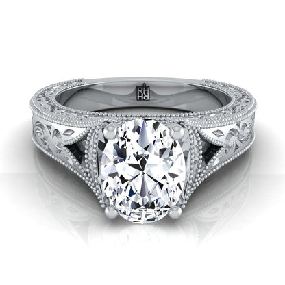 Platinum Oval  Hand Engraved and Milgrain Vintage Solitaire Engagement Ring