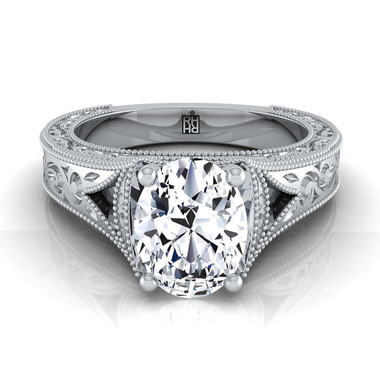18K White Gold Oval  Hand Engraved and Milgrain Vintage Solitaire Engagement Ring