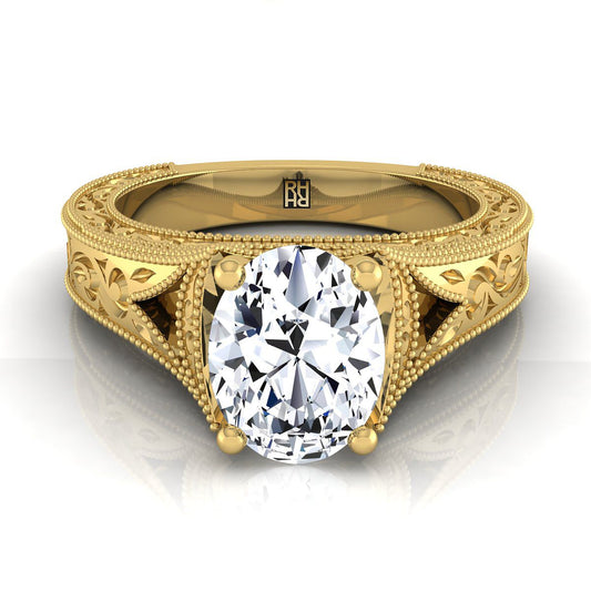 18K Yellow Gold Oval  Hand Engraved and Milgrain Vintage Solitaire Engagement Ring