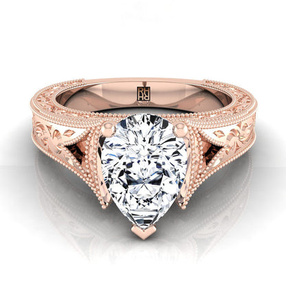 14K Rose Gold Pear Shape Center  Hand Engraved and Milgrain Vintage Solitaire Engagement Ring