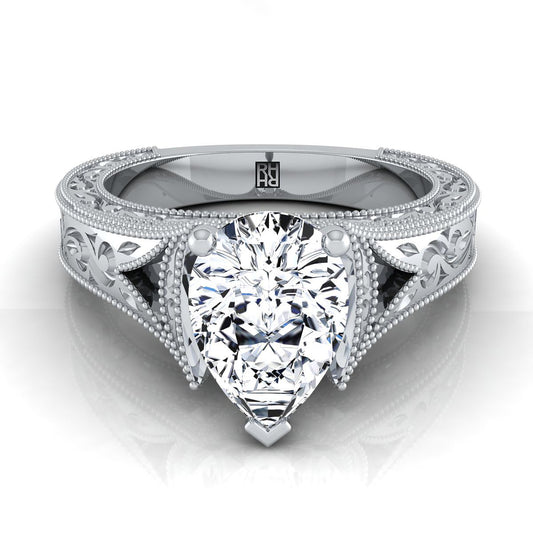 14K White Gold Pear Shape Center  Hand Engraved and Milgrain Vintage Solitaire Engagement Ring
