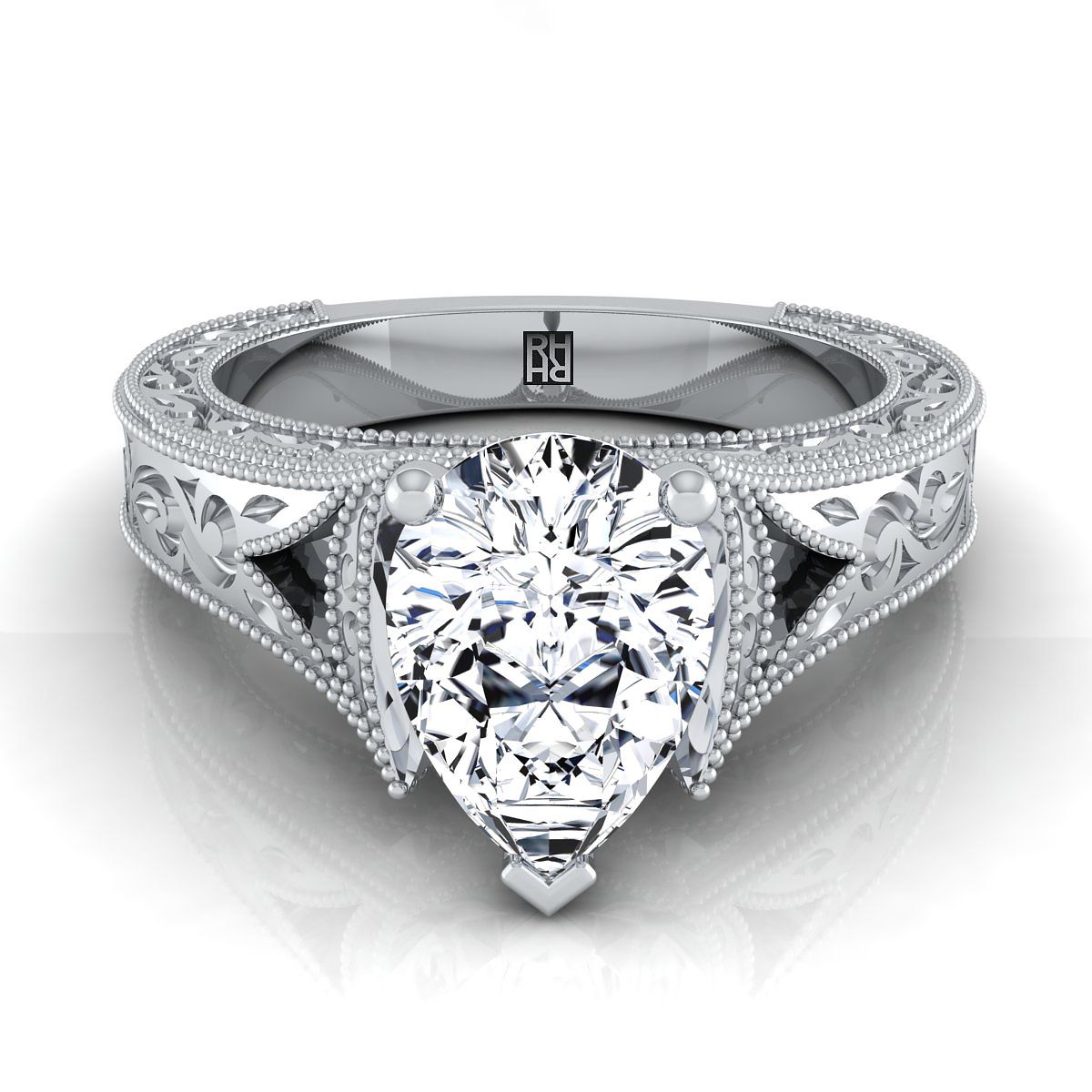 18K White Gold Pear Shape Center  Hand Engraved and Milgrain Vintage Solitaire Engagement Ring