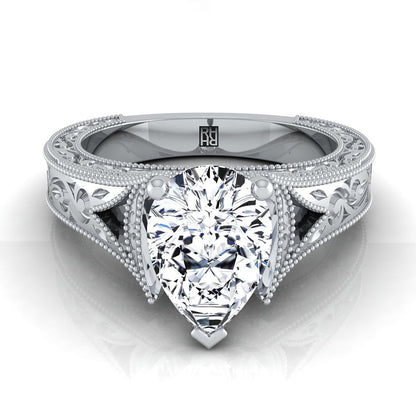 18K White Gold Pear Shape Center  Hand Engraved and Milgrain Vintage Solitaire Engagement Ring