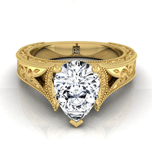 18K Yellow Gold Pear Shape Center  Hand Engraved and Milgrain Vintage Solitaire Engagement Ring