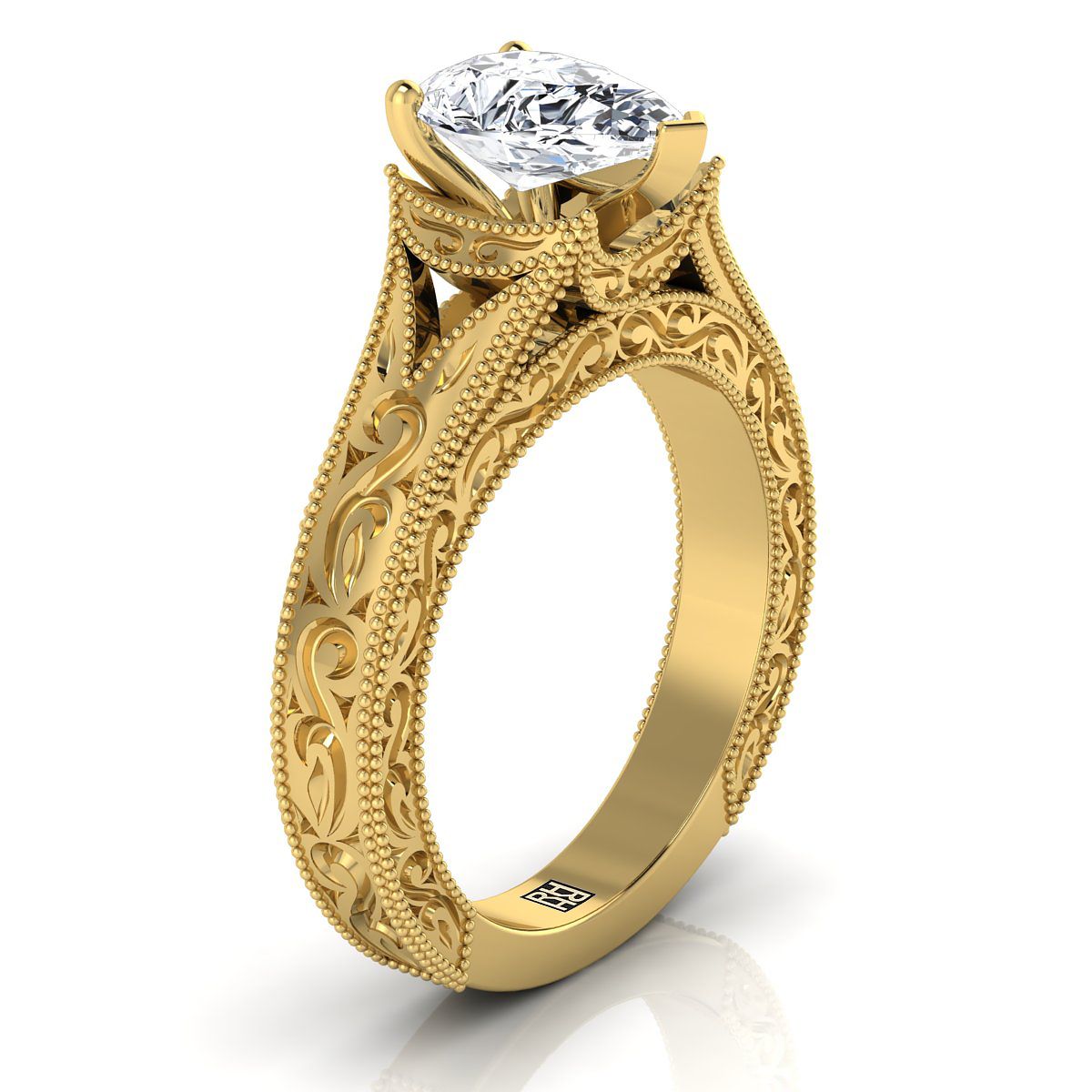 18K Yellow Gold Pear Shape Center  Hand Engraved and Milgrain Vintage Solitaire Engagement Ring
