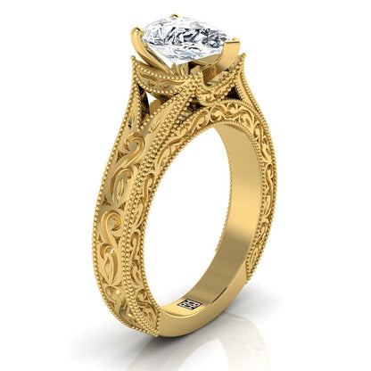 14K Yellow Gold Pear Shape Center  Hand Engraved and Milgrain Vintage Solitaire Engagement Ring