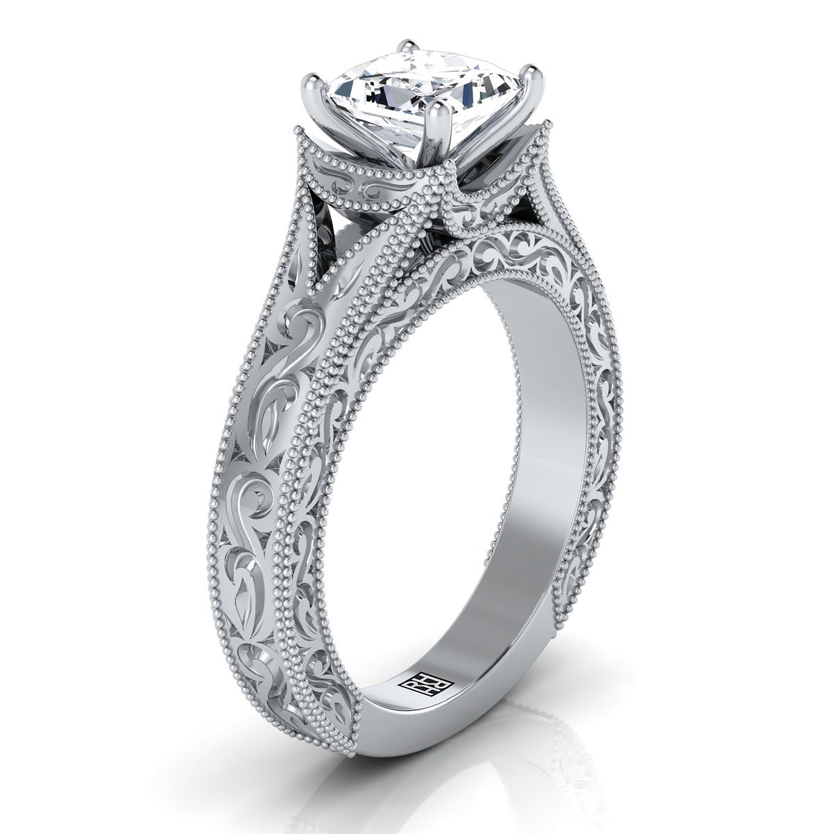 18K White Gold Princess Cut  Hand Engraved and Milgrain Vintage Solitaire Engagement Ring