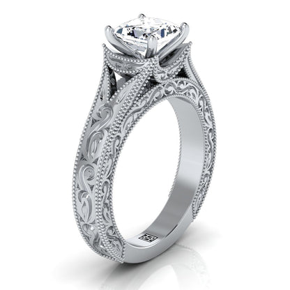 14K White Gold Princess Cut  Hand Engraved and Milgrain Vintage Solitaire Engagement Ring