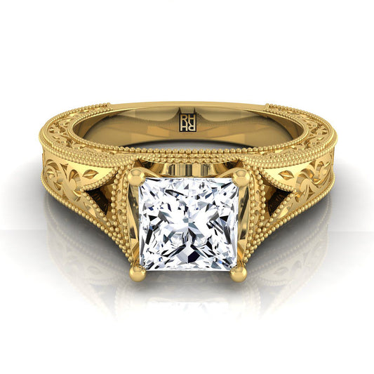 14K Yellow Gold Princess Cut  Hand Engraved and Milgrain Vintage Solitaire Engagement Ring