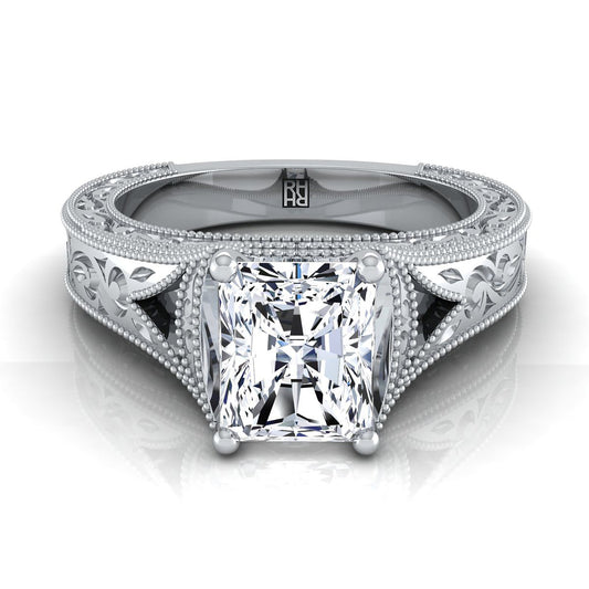 18K White Gold Radiant Cut Center  Hand Engraved and Milgrain Vintage Solitaire Engagement Ring