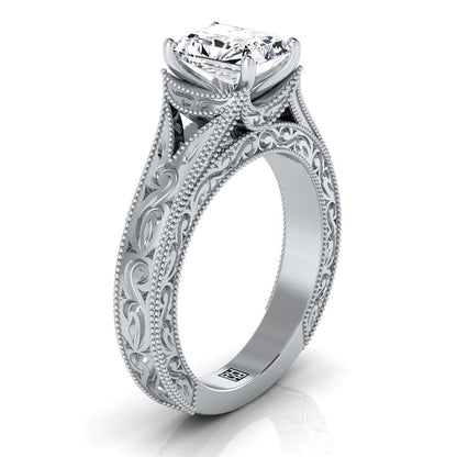 14K White Gold Radiant Cut Center  Hand Engraved and Milgrain Vintage Solitaire Engagement Ring