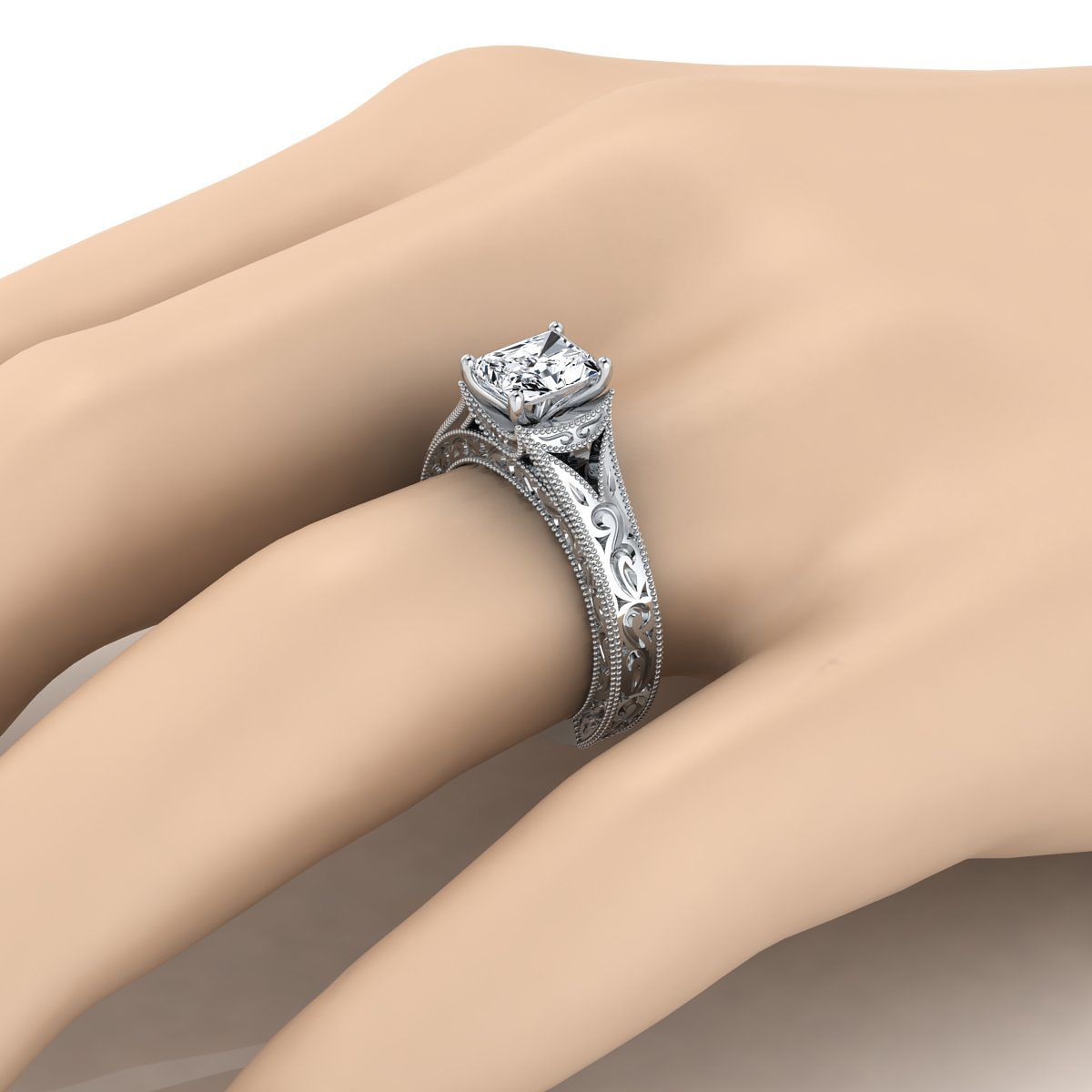 14K White Gold Radiant Cut Center  Hand Engraved and Milgrain Vintage Solitaire Engagement Ring