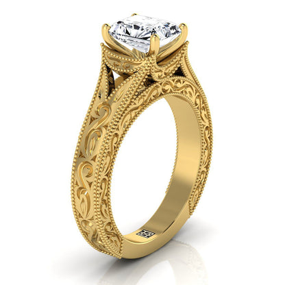 18K Yellow Gold Radiant Cut Center  Hand Engraved and Milgrain Vintage Solitaire Engagement Ring